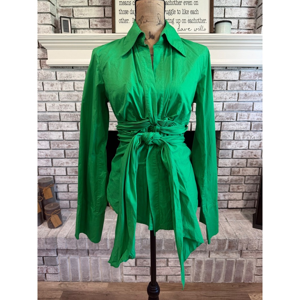 Ronny Kobo Wrap Top Blouse Womens M Kelly‎ Green Cotton Tie Waist Avant Garde